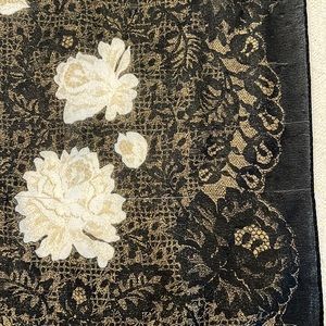Vintage Grey & Black Floral Scarf with Fringe pinup retro rockabilly flowers